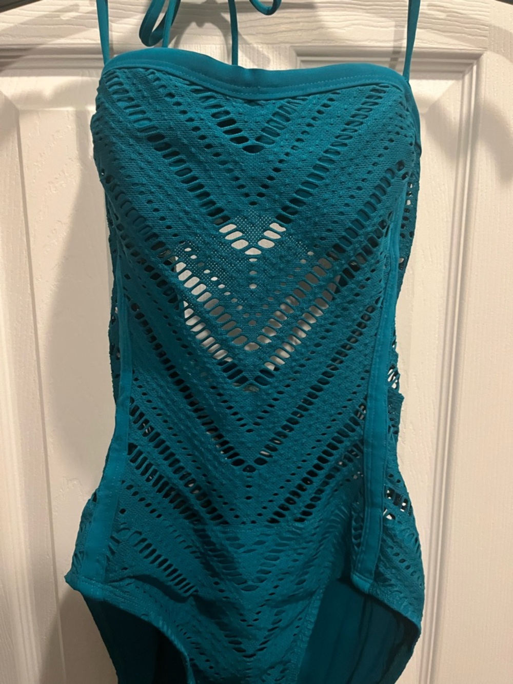 Robin Piccone Teal Crochet One-Piece Swimsuit